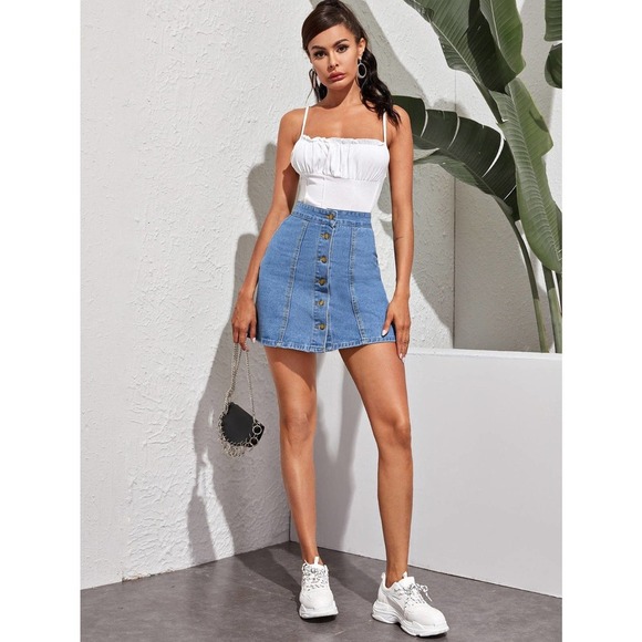 Button Through A Line light wash Denim Skirt jean skirt - Picture 4 of 4